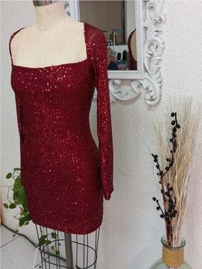 lucy in the sky red long sleeve dress Sequin Open Back Long Sleeve Dress in Red